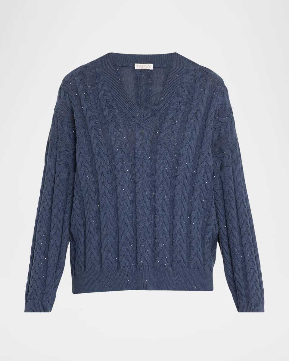 Cotton Double Cable-Knit V-Neck Sweater With Micro Pailettes